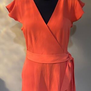 Ann Taylor One-Shoulder Shorts Romper in Coral-Orange